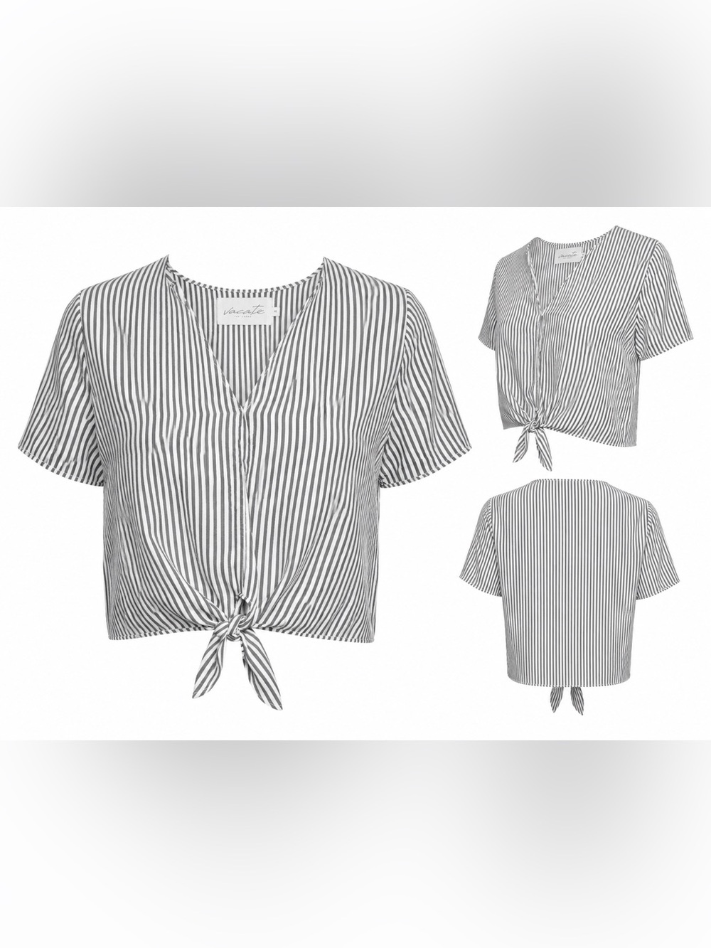 Vacate The Label White Charcoal Gray Striped Tie Front Crop Top Sz Small Cotton